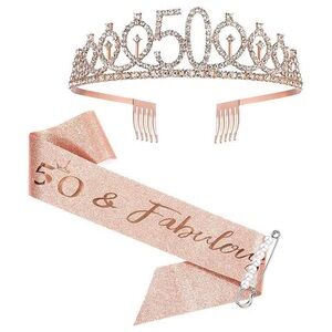 50 & Fabulous Birthday Tiara and Glitter Sash, Rhinestone Crown for Queens